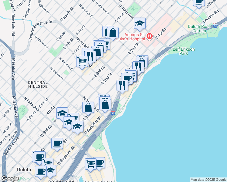 map of restaurants, bars, coffee shops, grocery stores, and more near 420 East 1st Street in Duluth