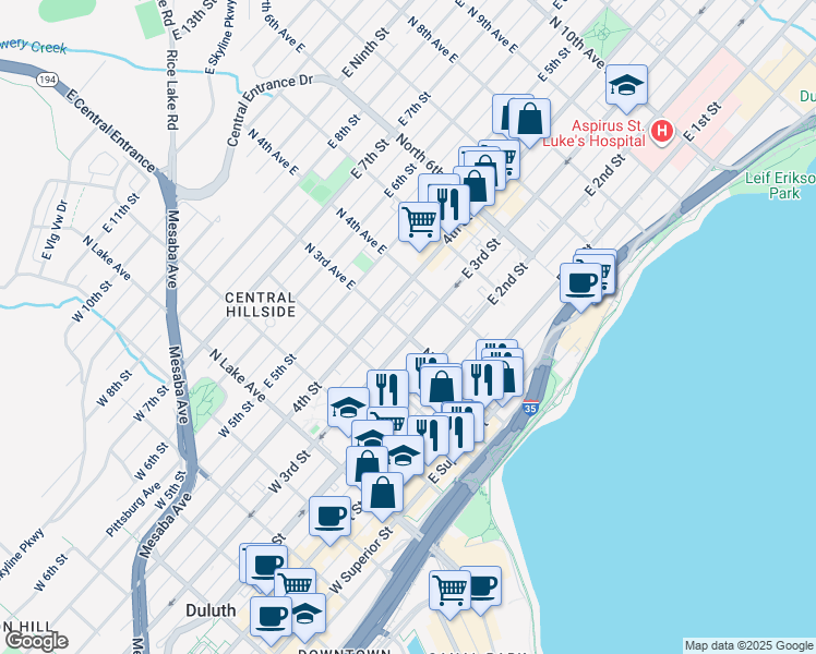 map of restaurants, bars, coffee shops, grocery stores, and more near 302 East 4th Street in Duluth