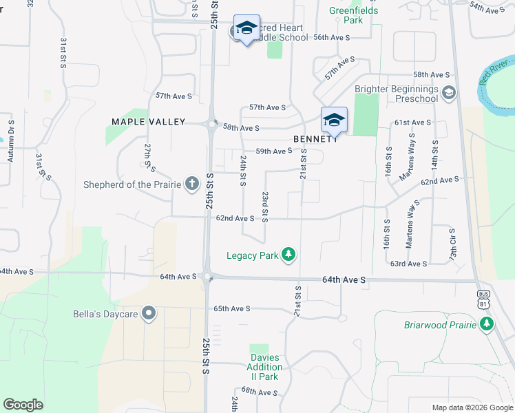 map of restaurants, bars, coffee shops, grocery stores, and more near 6121 23 Street South in Fargo