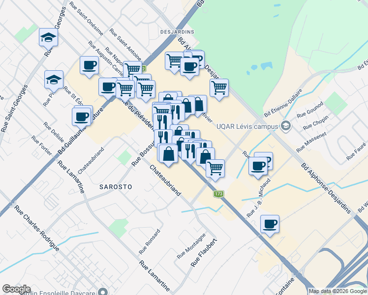 map of restaurants, bars, coffee shops, grocery stores, and more near 77 Route du Président-Kennedy in Lévis