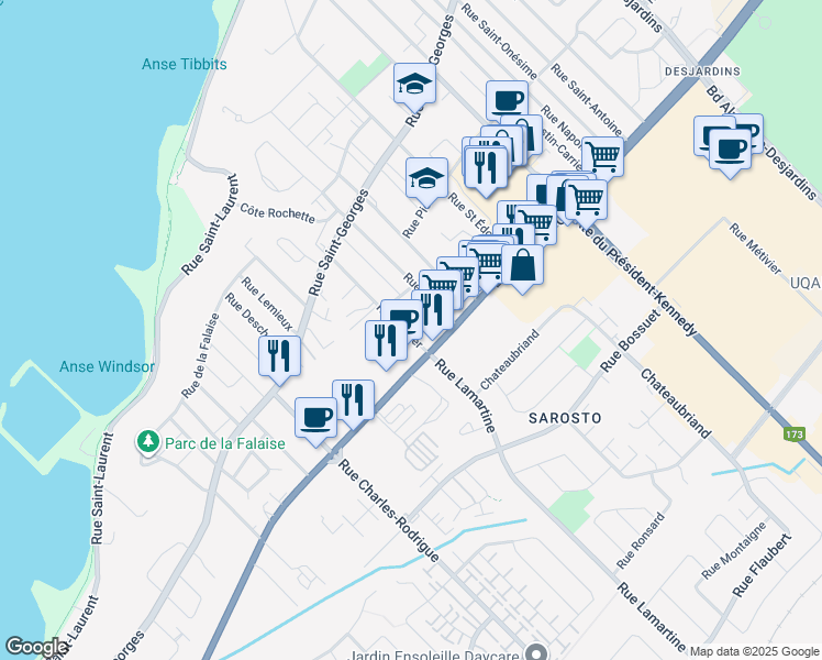 map of restaurants, bars, coffee shops, grocery stores, and more near 50 Rue Fortier in Lévis