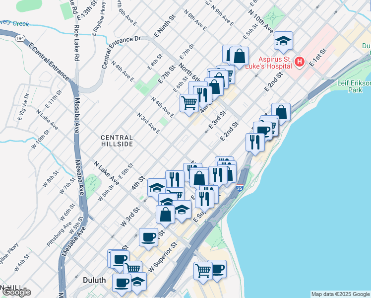 map of restaurants, bars, coffee shops, grocery stores, and more near 307 East 3rd Street in Duluth