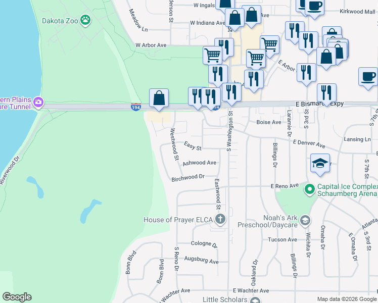 map of restaurants, bars, coffee shops, grocery stores, and more near 509 Easy St in Bismarck