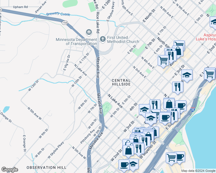 map of restaurants, bars, coffee shops, grocery stores, and more near 15 East 7th Street in Duluth