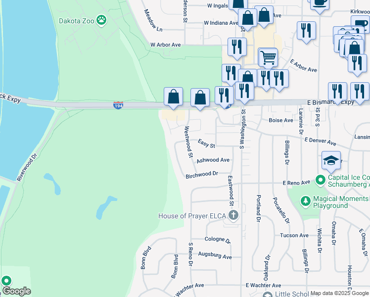 map of restaurants, bars, coffee shops, grocery stores, and more near 617 Easy Street in Bismarck