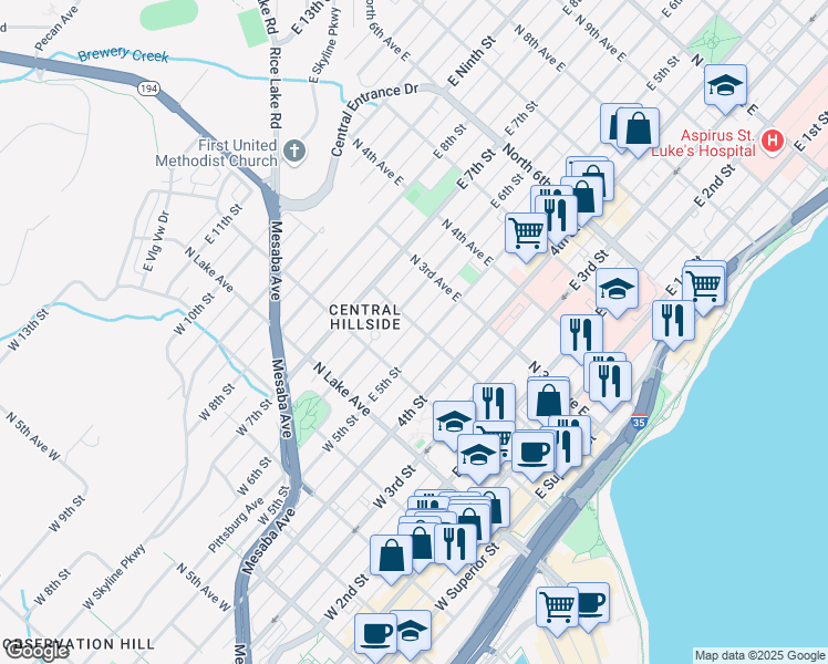 map of restaurants, bars, coffee shops, grocery stores, and more near 506 North 2nd Avenue East in Duluth