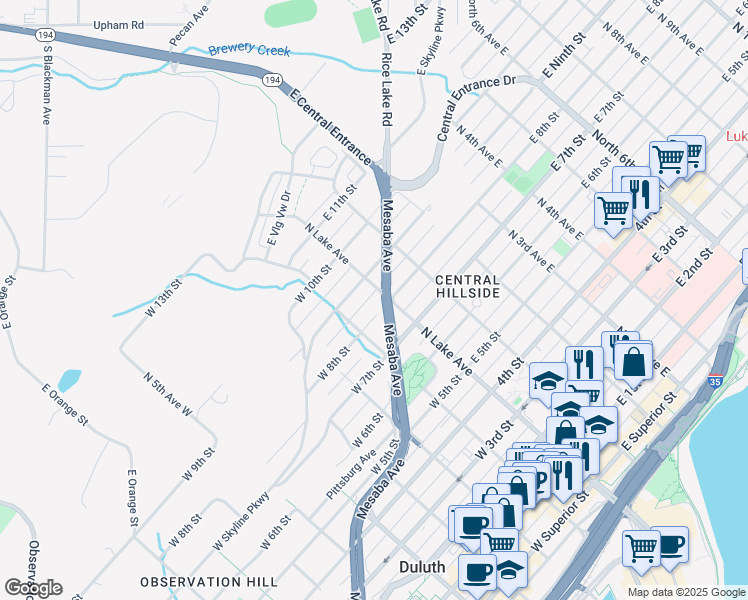map of restaurants, bars, coffee shops, grocery stores, and more near 5 West 8th Street in Duluth