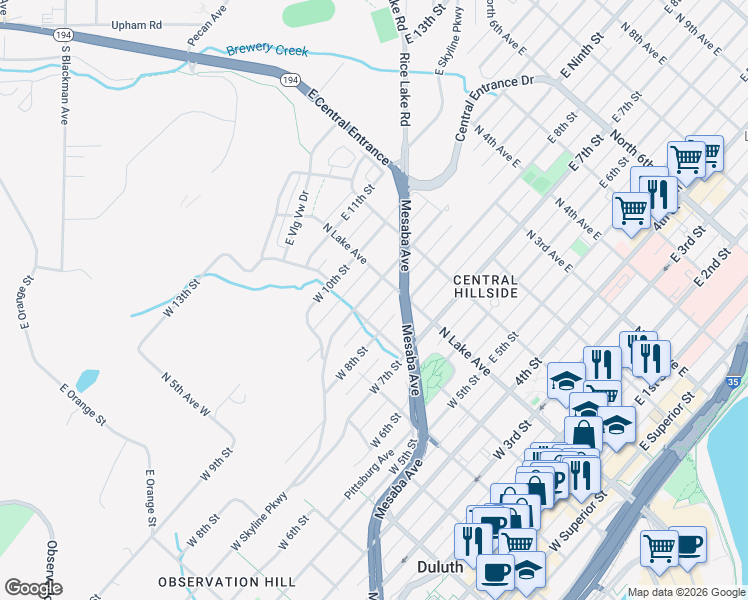 map of restaurants, bars, coffee shops, grocery stores, and more near 23 West 9th Street in Duluth