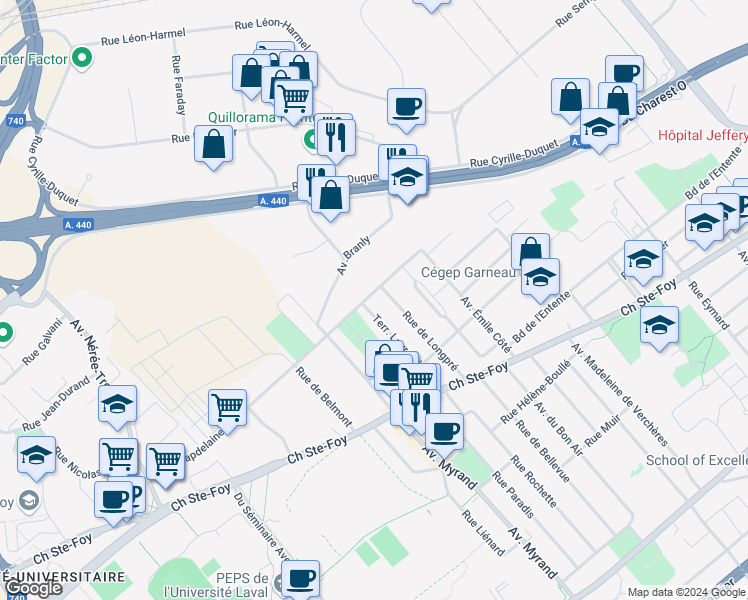 map of restaurants, bars, coffee shops, grocery stores, and more near 2089 Avenue Chapdelaine in Ville de Québec