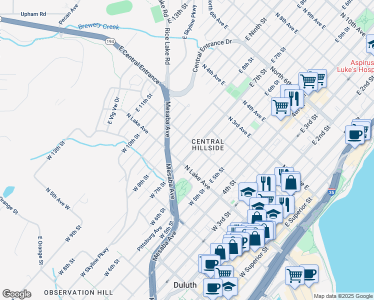 map of restaurants, bars, coffee shops, grocery stores, and more near 16-1/2 East 8th Street in Duluth