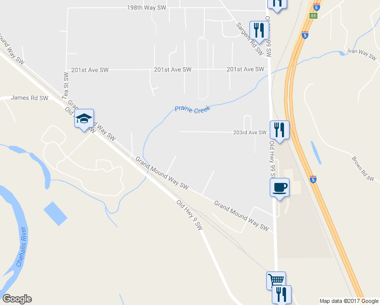 map of restaurants, bars, coffee shops, grocery stores, and more near 20419 Oak Lane Southwest in Centralia
