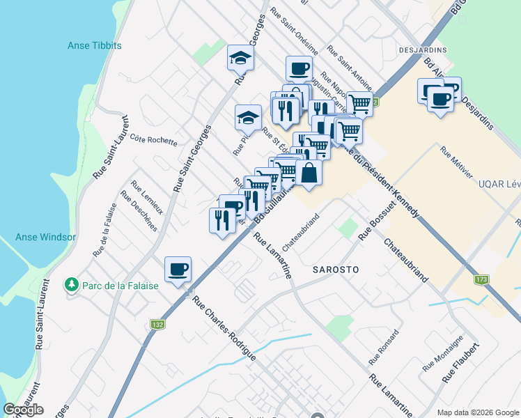 map of restaurants, bars, coffee shops, grocery stores, and more near 5255 Boulevard Guillaume-Couture in Lévis