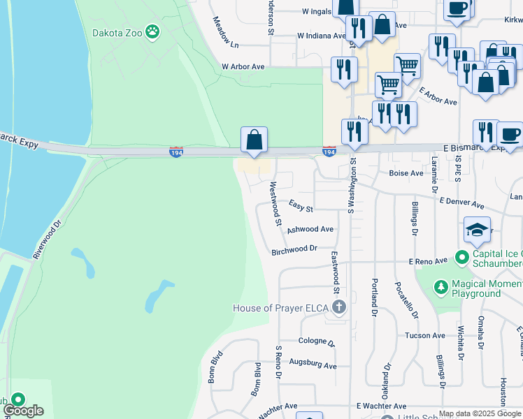 map of restaurants, bars, coffee shops, grocery stores, and more near 617 Easy Street in Bismarck