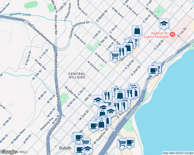 map of restaurants, bars, coffee shops, grocery stores, and more near 216-1/2 East 5th Street in Duluth