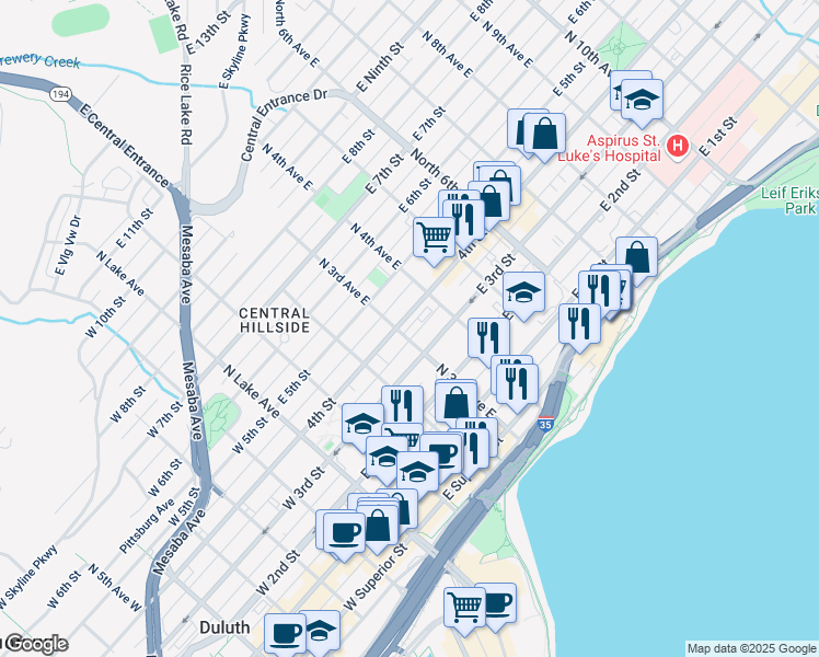 map of restaurants, bars, coffee shops, grocery stores, and more near 302 East 4th Street in Duluth