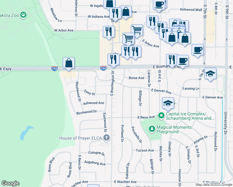 map of restaurants, bars, coffee shops, grocery stores, and more near 1227 South Washington Street in Bismarck