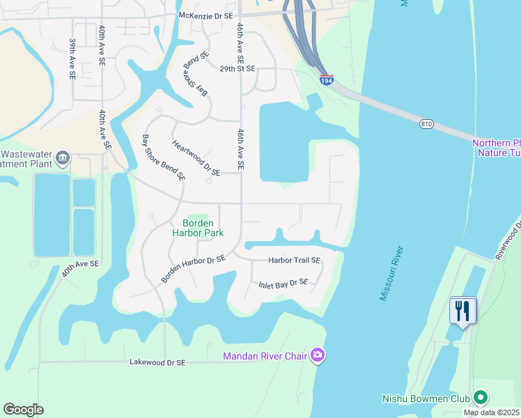 map of restaurants, bars, coffee shops, grocery stores, and more near 4719 South Bay Drive in Mandan