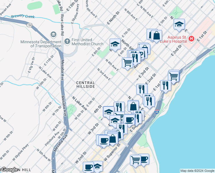 map of restaurants, bars, coffee shops, grocery stores, and more near 216-1/2 East 5th Street in Duluth