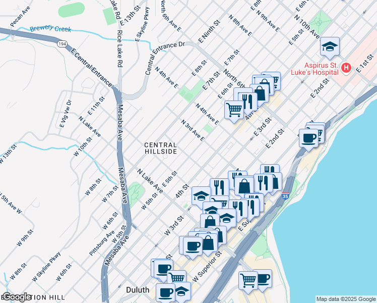 map of restaurants, bars, coffee shops, grocery stores, and more near 506 North 2nd Avenue East in Duluth