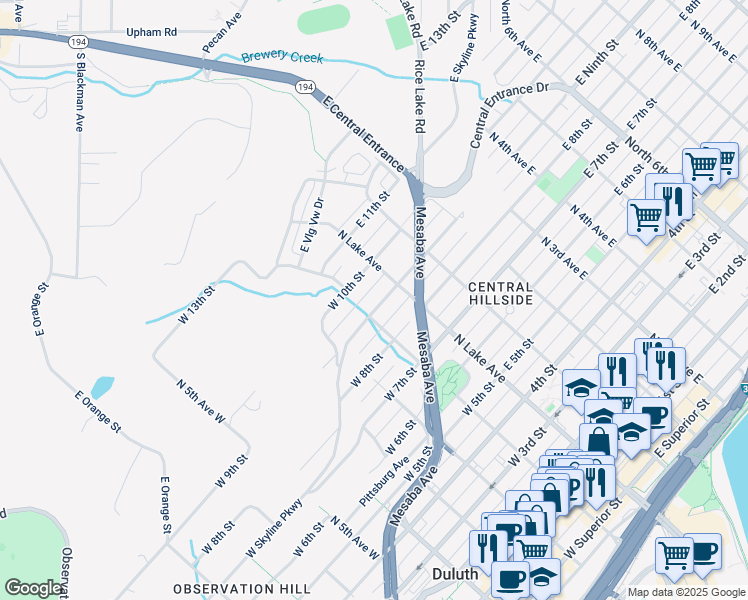 map of restaurants, bars, coffee shops, grocery stores, and more near 23 West 9th Street in Duluth