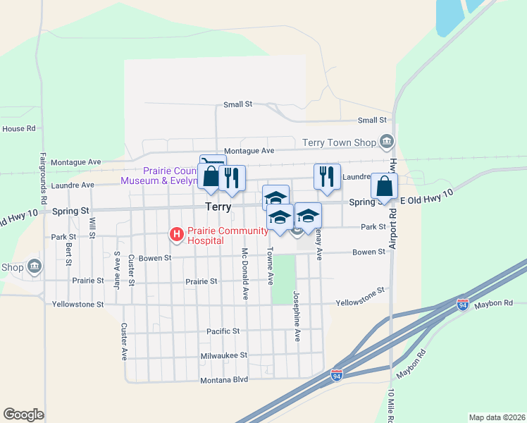 map of restaurants, bars, coffee shops, grocery stores, and more near 205 Towne Avenue in Terry