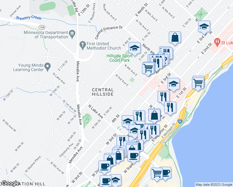 map of restaurants, bars, coffee shops, grocery stores, and more near 506 North 2nd Avenue East in Duluth