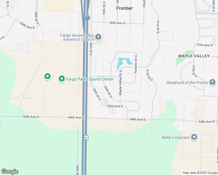 map of restaurants, bars, coffee shops, grocery stores, and more near 6166 35th Street South in Fargo