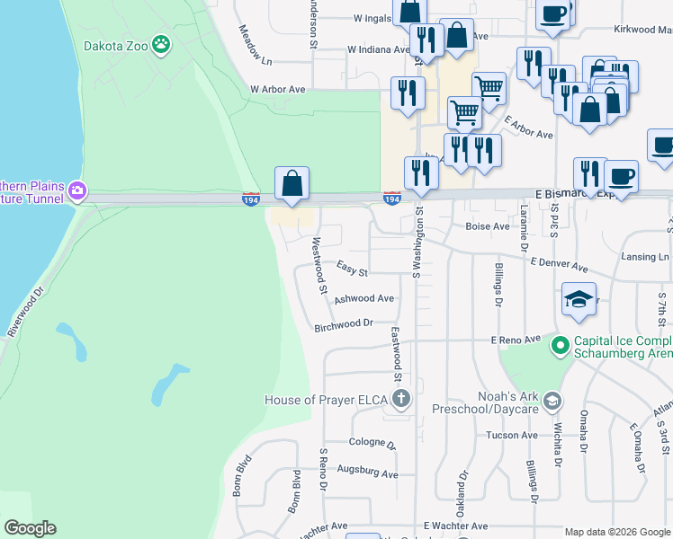 map of restaurants, bars, coffee shops, grocery stores, and more near 509 Easy Street in Bismarck