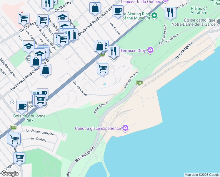 map of restaurants, bars, coffee shops, grocery stores, and more near 2 Rue des Jardins-Mérici in Québec