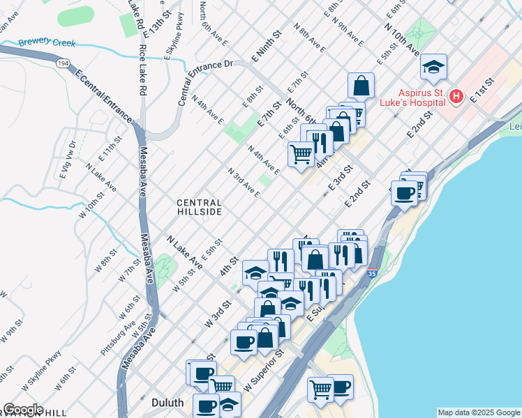 map of restaurants, bars, coffee shops, grocery stores, and more near 226-1/2 East 5th Street in Duluth