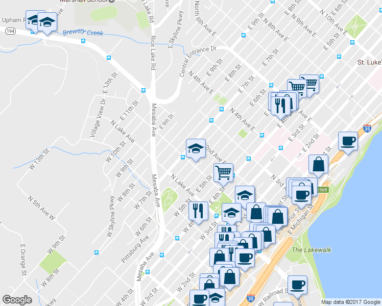 map of restaurants, bars, coffee shops, grocery stores, and more near in Duluth
