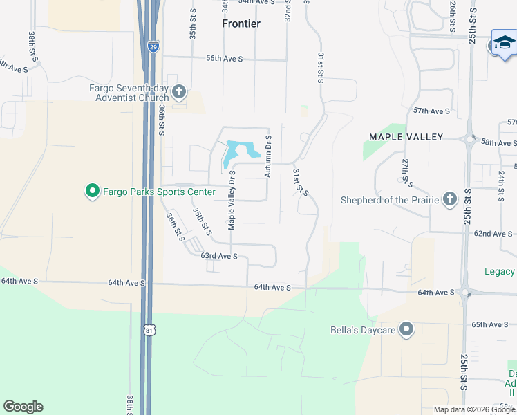 map of restaurants, bars, coffee shops, grocery stores, and more near 6074 Autumn Drive South in Fargo