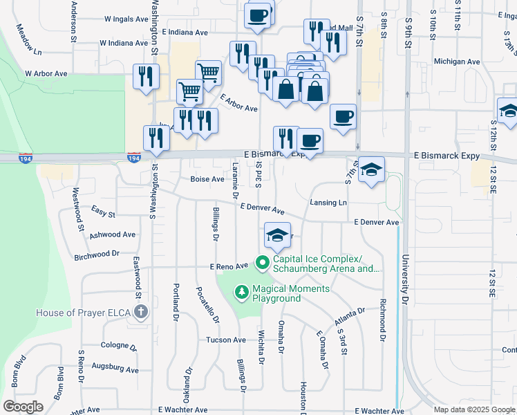 map of restaurants, bars, coffee shops, grocery stores, and more near 1201 South 3rd Street in Bismarck