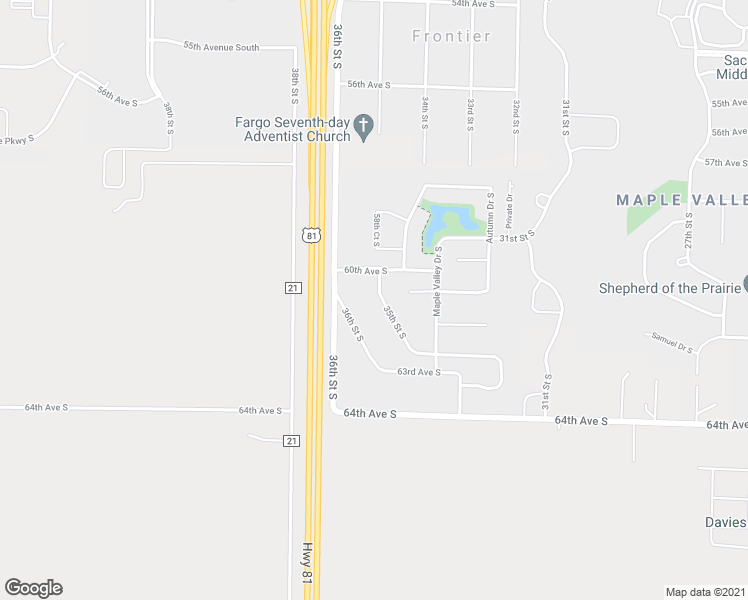 map of restaurants, bars, coffee shops, grocery stores, and more near 6071 35th Street South in Fargo