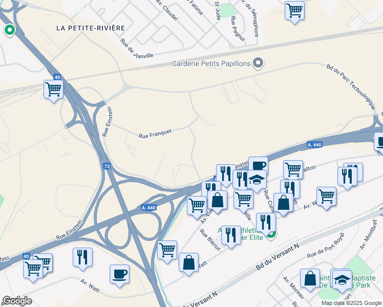 map of restaurants, bars, coffee shops, grocery stores, and more near 5572 Rue du Complexe Scientifique in Québec City