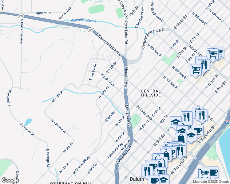 map of restaurants, bars, coffee shops, grocery stores, and more near 23 West 9th Street in Duluth