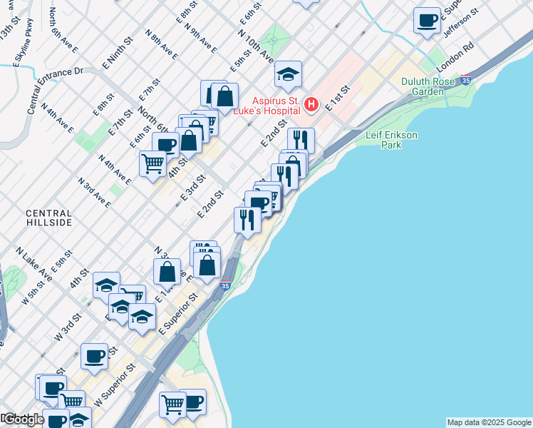 map of restaurants, bars, coffee shops, grocery stores, and more near 591 East Superior Street in Duluth
