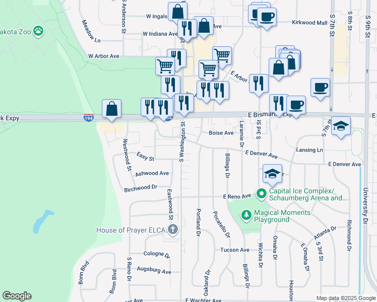 map of restaurants, bars, coffee shops, grocery stores, and more near 1227 South Washington Street in Bismarck