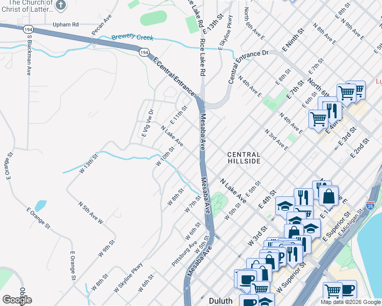 map of restaurants, bars, coffee shops, grocery stores, and more near 1 East Skyline Parkway in Duluth