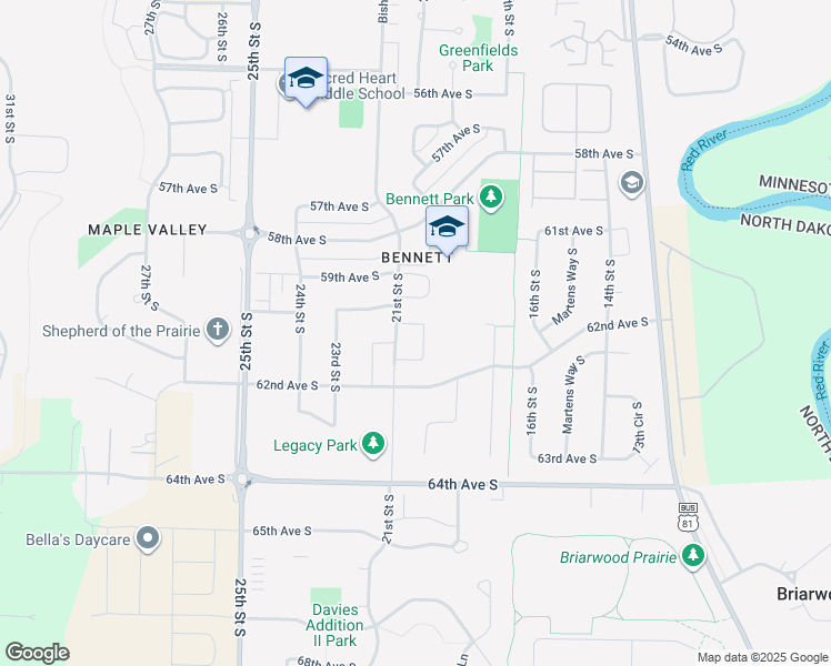 map of restaurants, bars, coffee shops, grocery stores, and more near 6047 Bennett Court South in Fargo