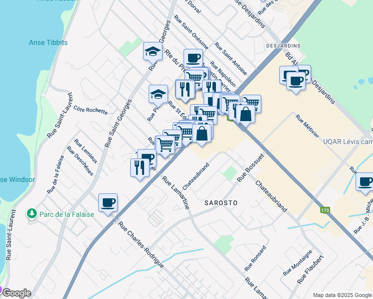map of restaurants, bars, coffee shops, grocery stores, and more near 5350 Boulevard Guillaume-Couture in Lévis