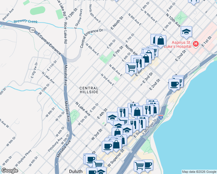 map of restaurants, bars, coffee shops, grocery stores, and more near 216-1/2 East 5th Street in Duluth