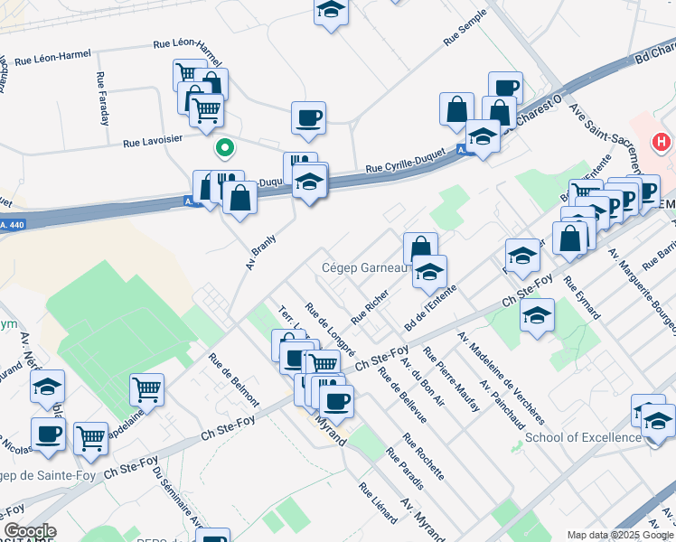 map of restaurants, bars, coffee shops, grocery stores, and more near 762 Avenue Émile Côté in Ville de Québec