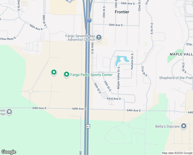 map of restaurants, bars, coffee shops, grocery stores, and more near 6050 36th Street South in Fargo