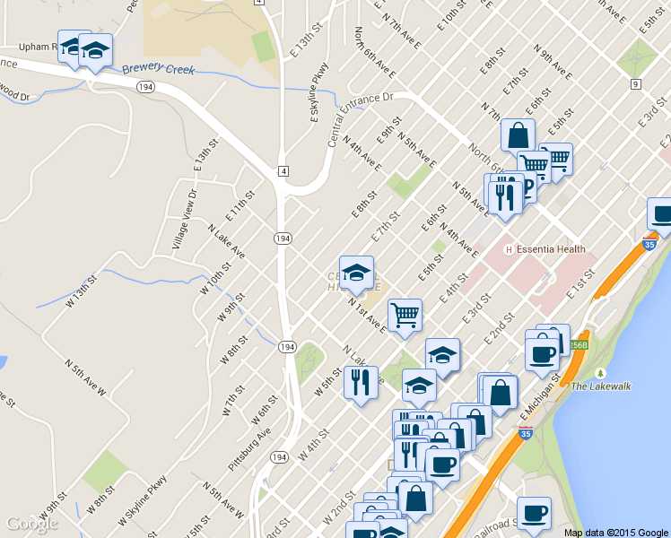 map of restaurants, bars, coffee shops, grocery stores, and more near in Duluth