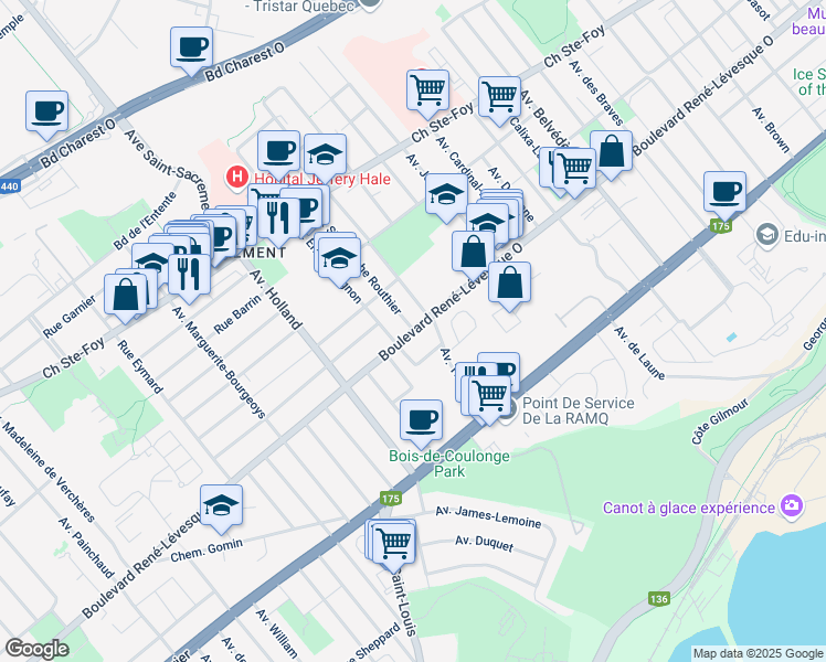map of restaurants, bars, coffee shops, grocery stores, and more near 1210 Boulevard René Lévesque Ouest in Québec