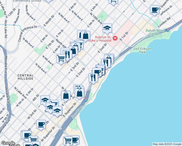 map of restaurants, bars, coffee shops, grocery stores, and more near 585 East 1st Street in Duluth