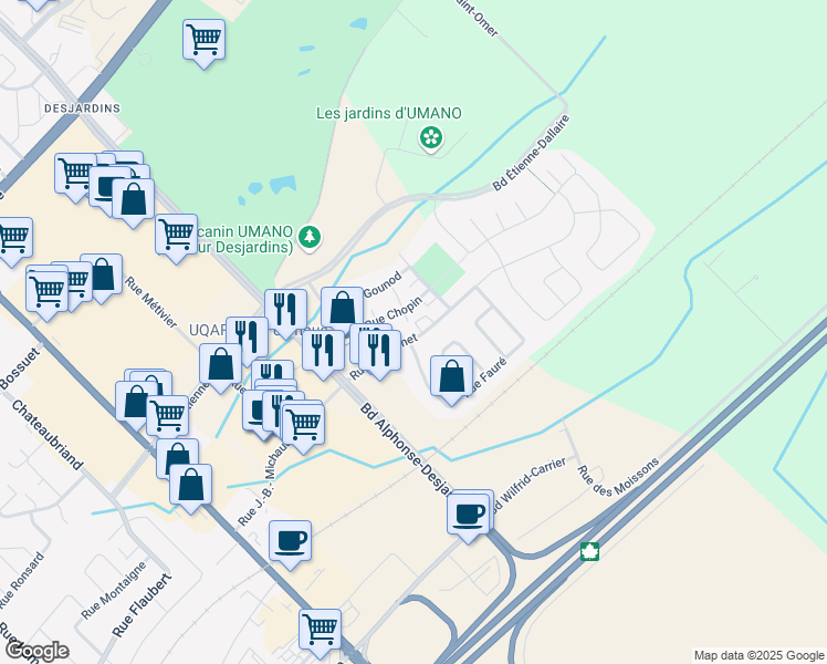 map of restaurants, bars, coffee shops, grocery stores, and more near 6067 Rue Massenet in Lévis