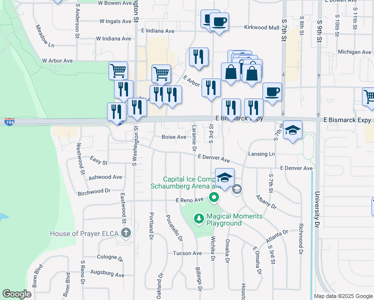 map of restaurants, bars, coffee shops, grocery stores, and more near 130 East Denver Avenue in Bismarck