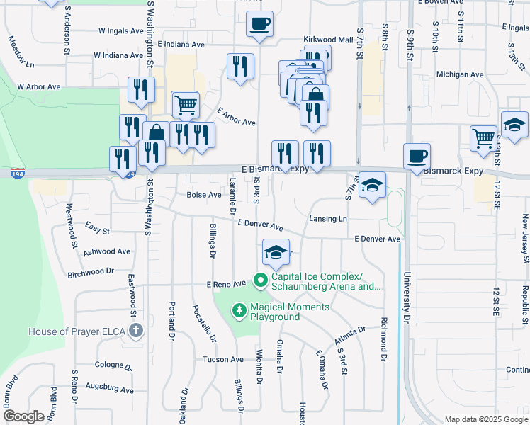 map of restaurants, bars, coffee shops, grocery stores, and more near 1201-1249 South 3rd Street in Bismarck